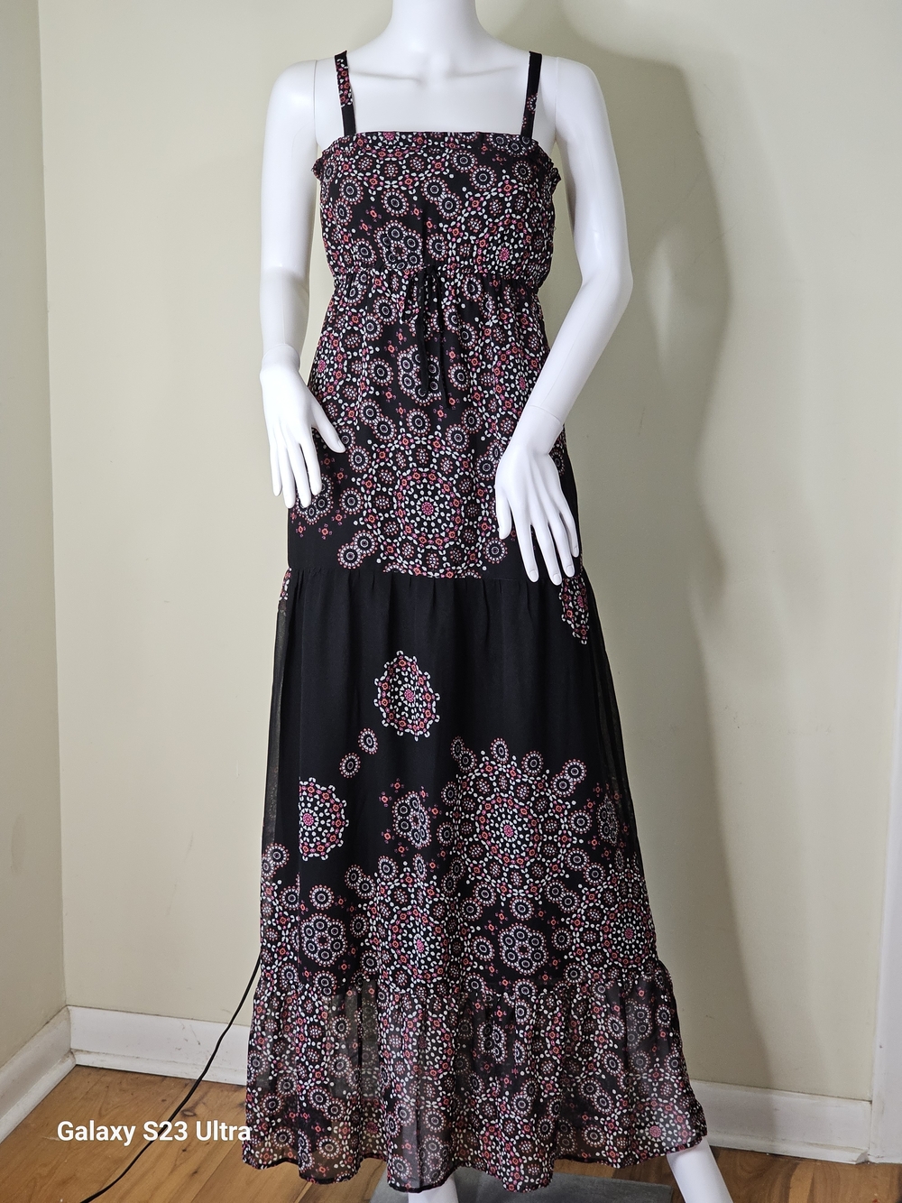 Roxy Black Maxi Dress with Pink and White Medallion Print